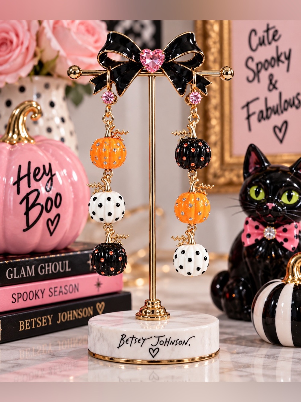 Betsey Johnson Orange Black White Pumpkin Linear Drop Earrings NWT 🧡🖤🧡🖤